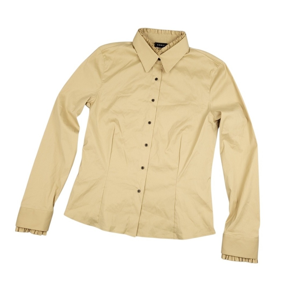Akris Blouse Womens 10 Beige Ruffle Collar Sleeve Button Up Stretch Cotton